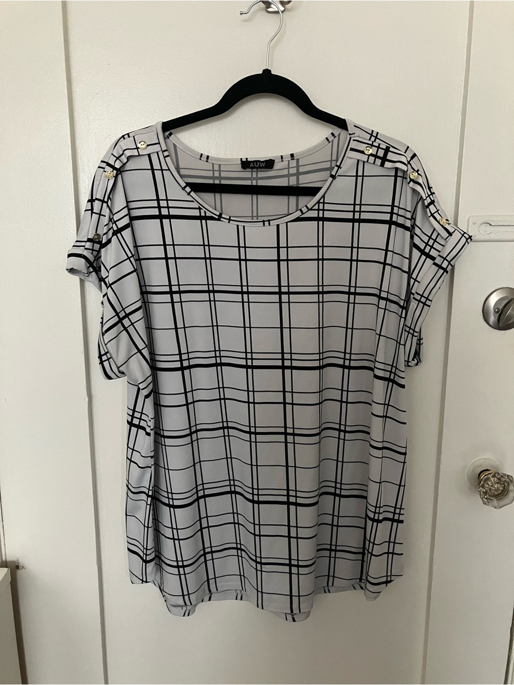 AUW Black & White Plaid Short Sleeve Round Neck Top, size 2XL